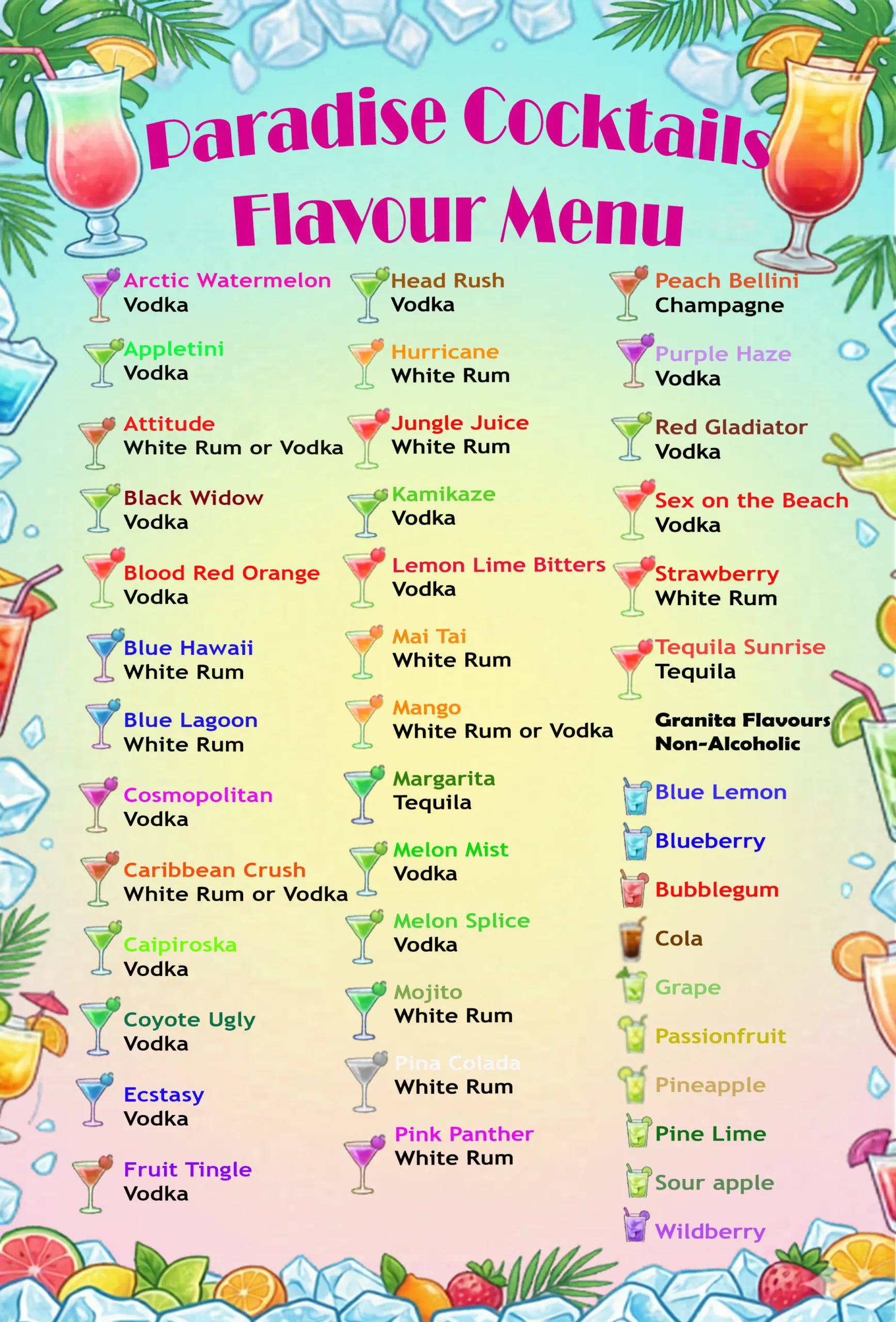 Paradise Cocktails Flavour menu